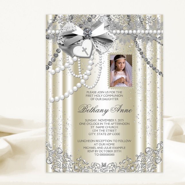 Invitation Ivory Pearl Cross Photo Première communion (Pretty photo first communion, baptism and christening invitation.)