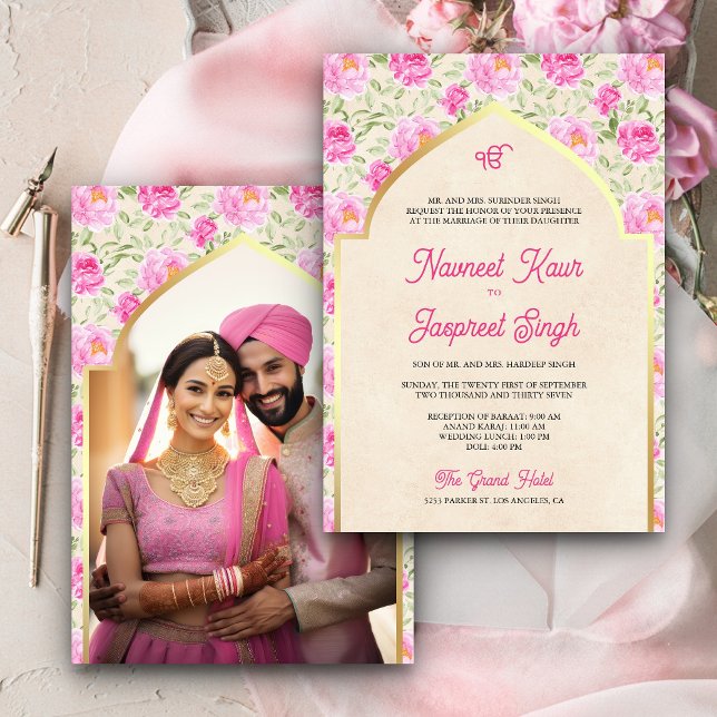 Invitation Ivory Pink Floral Photo Anand Karaj Sikh Mariage (Créateur téléchargé)