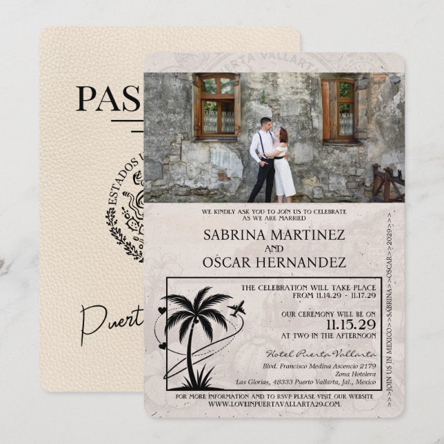 Invitation Ivory Puerta Vallarta Mariage du passeport (Devant / Derrière)