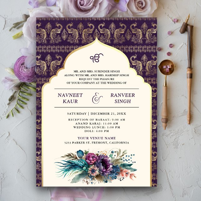 Invitation Ivory Purple Peacock Anand Karaj Sikh Mariage (Créateur téléchargé)