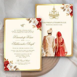 Invitation Ivory Red Roses Floral Anand Karaj Sikh Mariage