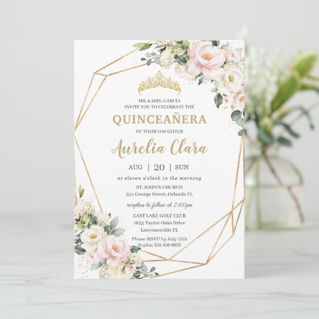 Invitation Ivory Rose Blush Floral Géométrique Quinceañera (Debout devant)