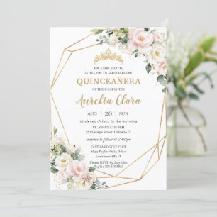 Invitation Ivory Rose Blush Floral Géométrique Quinceañera