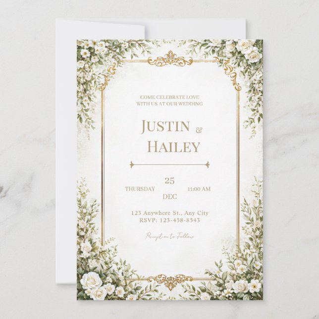 Invitation Ivory Rose Ornate Gold Border Wedding (Devant)