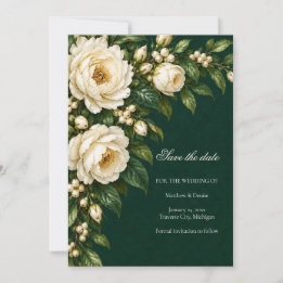 Invitation Ivory Roses & Emerald Winter Save the Date