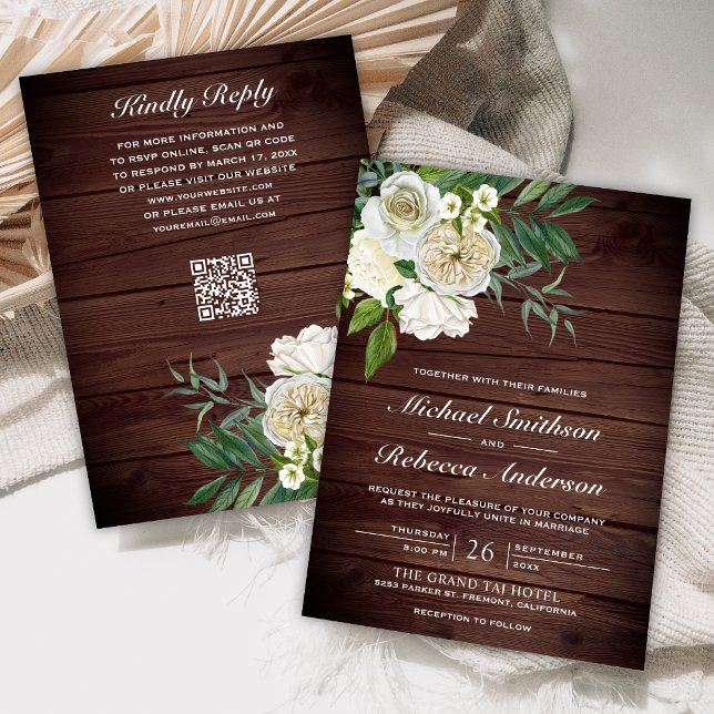 Invitation Ivory Roses Fleurale Grange Bois Code QR Mariage (Créateur téléchargé)