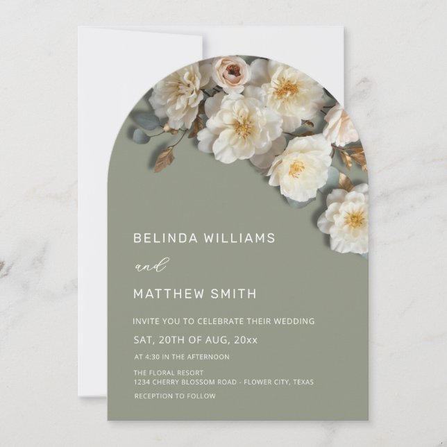 Invitation Ivory Roses Fleurs 3D Mariage Arche Vert Sauge (Devant)