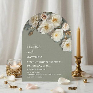 Invitation Ivory Roses Fleurs 3D Vert Sauge Arc Mariage