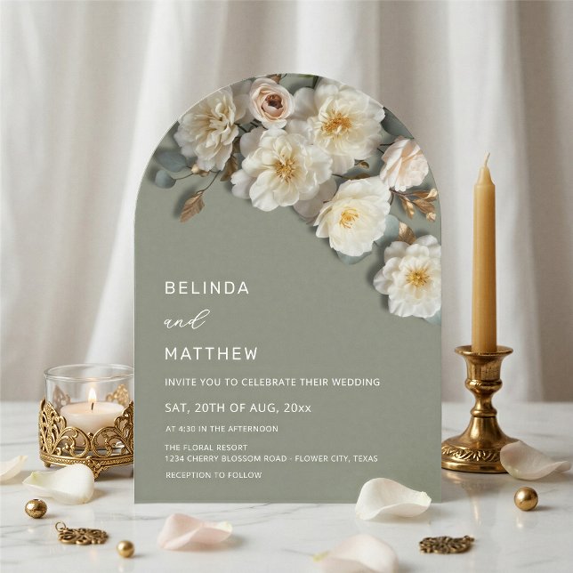Invitation Ivory Roses Fleurs 3D Vert Sauge Arc Mariage (Créateur téléchargé)