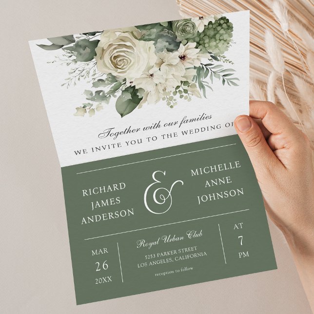 Invitation Ivory Roses Vert Sauge Code QR Mariage (Créateur téléchargé)