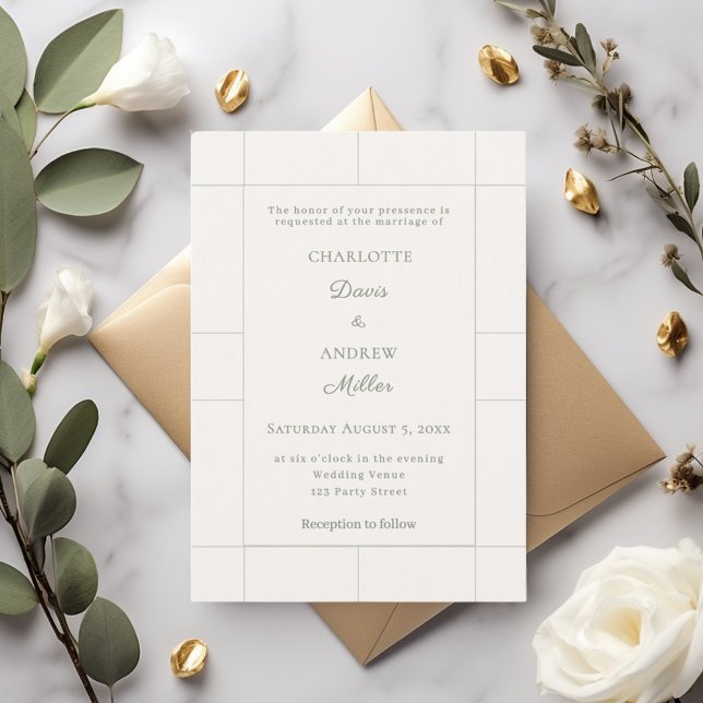 Invitation Ivory sage green checked modern Wedding  (Créateur téléchargé)