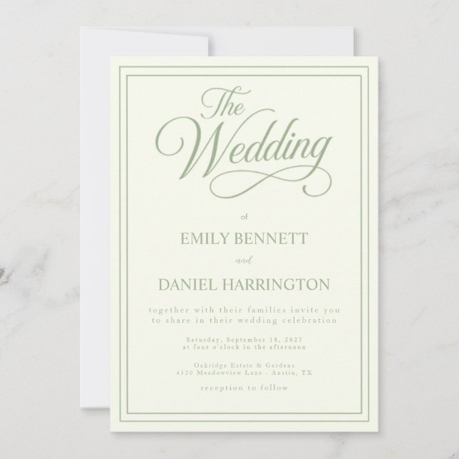 Invitation Ivory Sage Green Élégante Calligraphie Mariage (Devant)