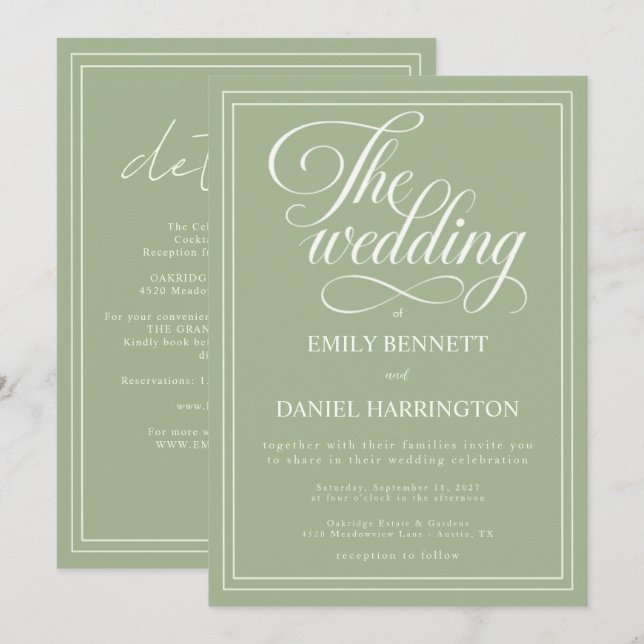 Invitation Ivory Sage Green Élégante Calligraphie Mariage (Devant / Derrière)