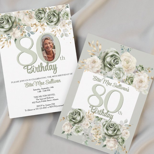 Invitation Ivory Sage green Floral border 80th birthday Photo (Créateur téléchargé)
