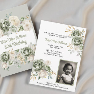 Invitation Ivory Sage vert Roses Floral 80e anniversaire Phot