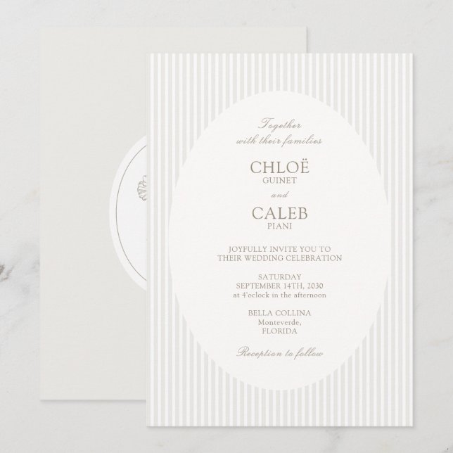 Invitation Ivory & Sand | Stripe Botanical Oval Wedding (Devant / Derrière)