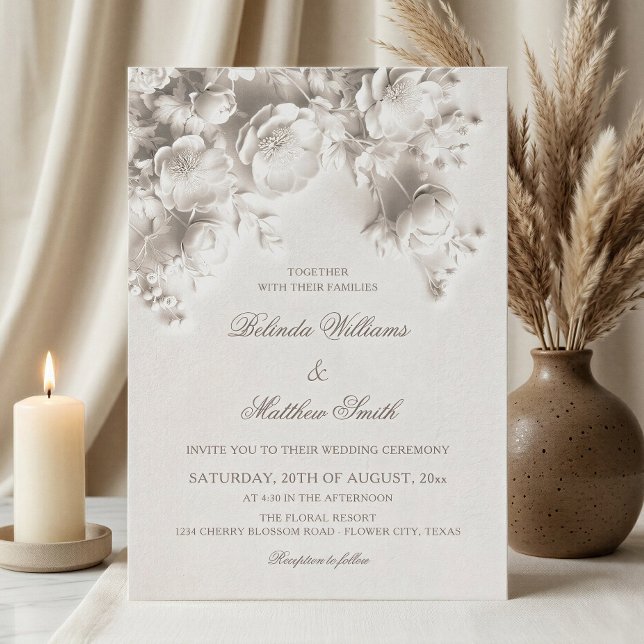 Invitation Ivory Sculpté Roses Fleuries 3D Mariage  (Créateur téléchargé)