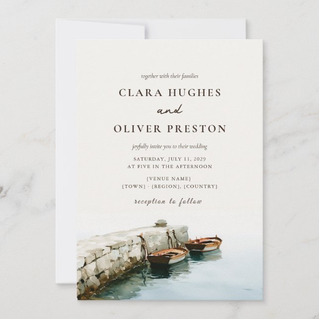 Invitation Ivory Slate Blue Script Amalfi Coast Bateau Mariag (Devant)
