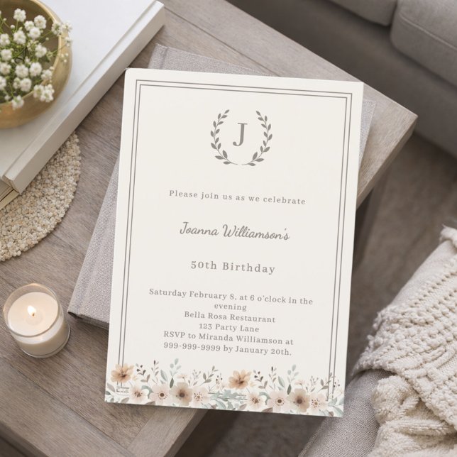 Invitation Ivory taupe monogram wreath florals birthday (Créateur téléchargé)