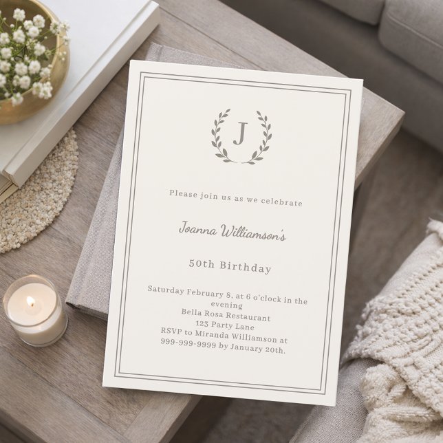 Invitation Ivory taupe monogram wreath minimalist (Créateur téléchargé)