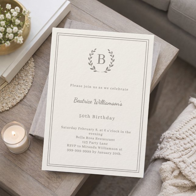 Invitation Ivory taupe monogram wreath minimalist luxury (Créateur téléchargé)
