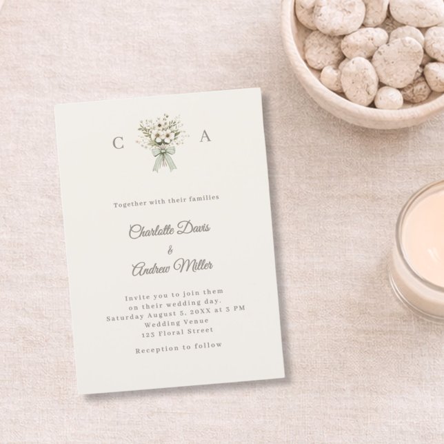 Invitation Ivory taupe monogrammé floral vert mariage  (Créateur téléchargé)