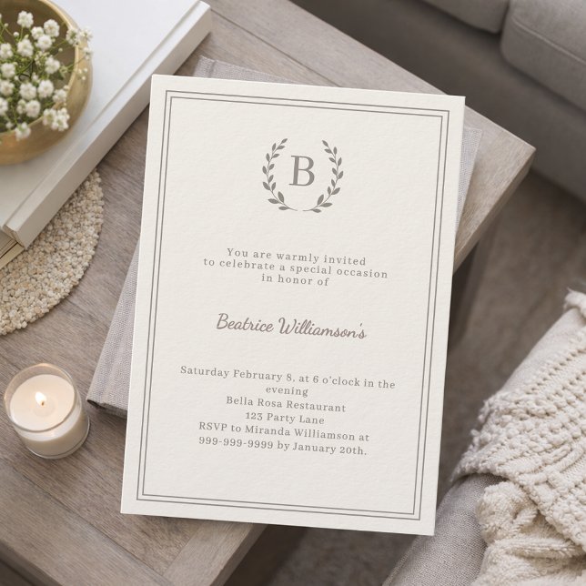 Invitation Ivory taupe wreath milestone age-neutral luxury (Créateur téléchargé)