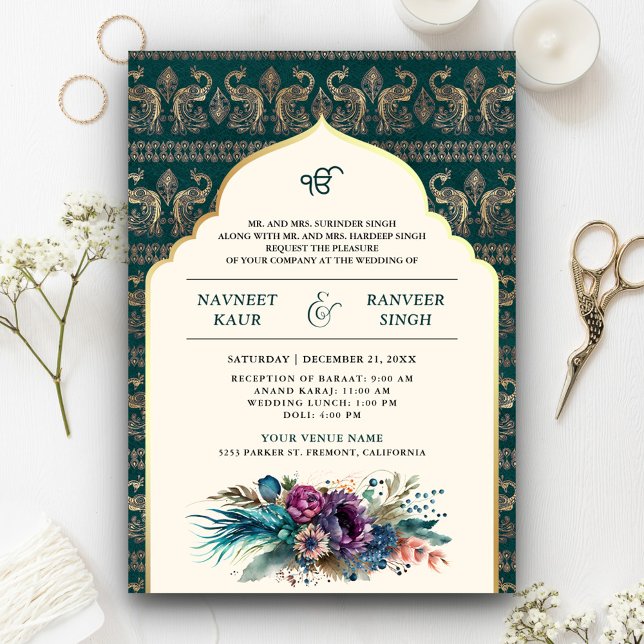 Invitation Ivory Turquoise Peacock Anand Karaj Sikh Mariage (Créateur téléchargé)