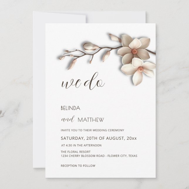 Invitation Ivory White 3D Magnolia Flower Wedding (Devant)