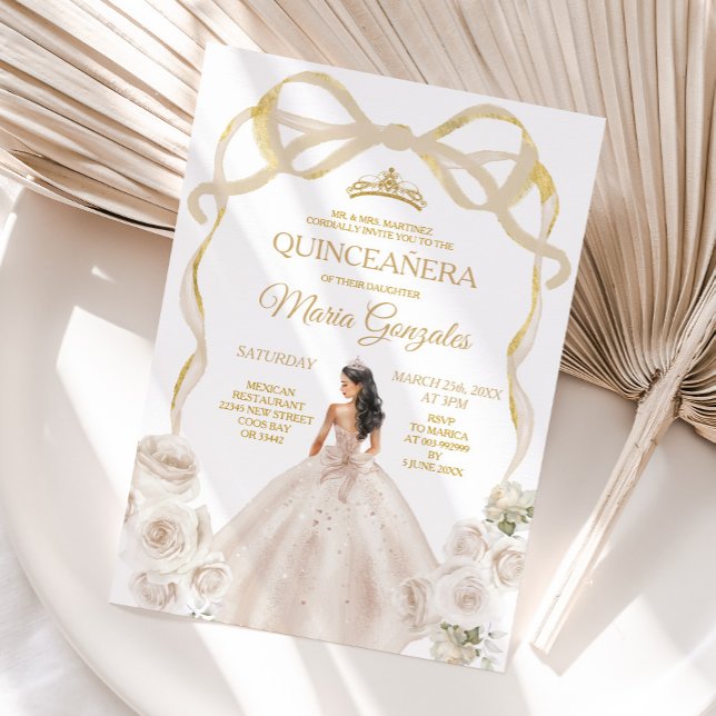 Invitation Ivory White Bow Princess Gold Crown Quinceañera (Créateur téléchargé)