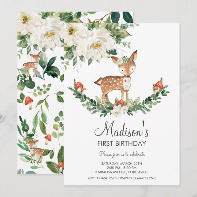 Invitation Ivory White Floral Deer Fawn Woodland Anniversaire (Devant / Derrière)