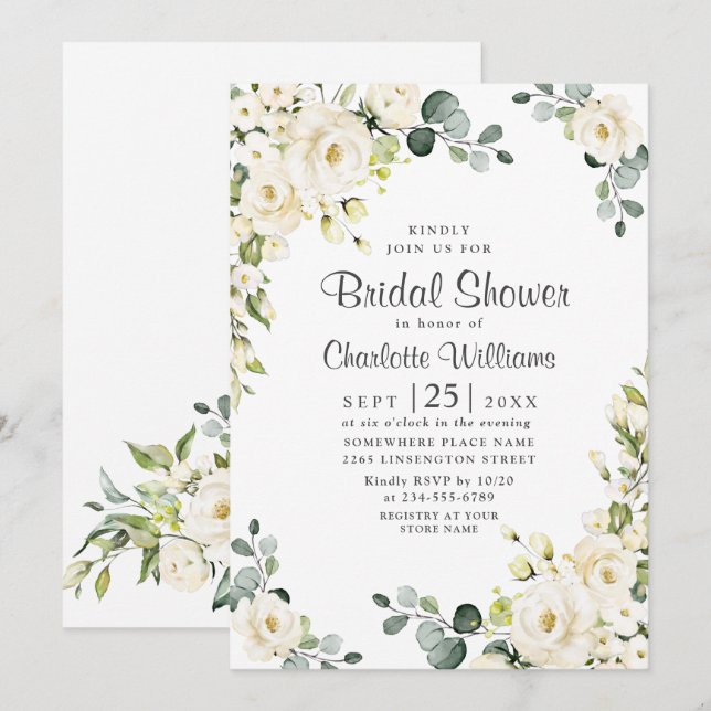 Invitation Ivory White Rose Eucalyptus Greenery Baby Shower d (Devant / Derrière)