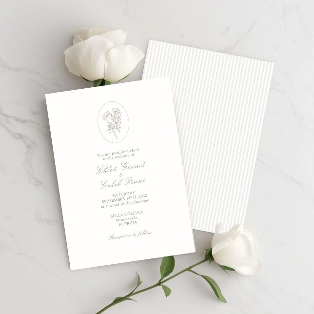 Invitation Ivory White & Sand | Mariage floral à rayures  (Créateur téléchargé)