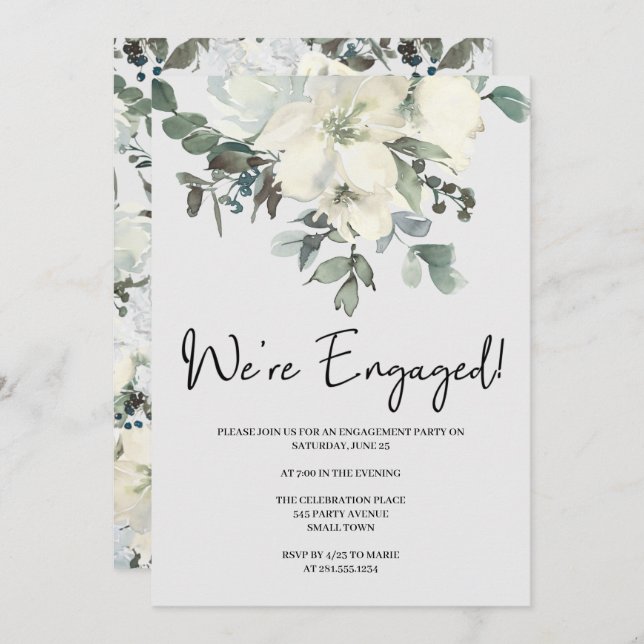 Invitation Ivory White Watercolor Floral Engagement (Devant / Derrière)