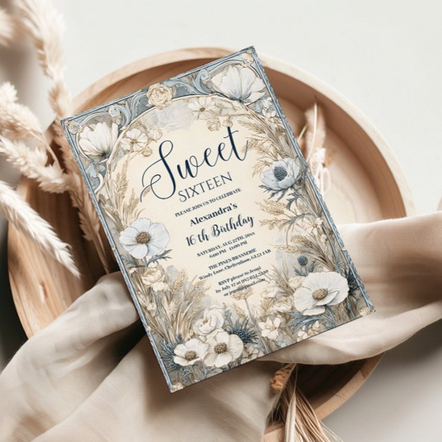 Invitation Ivory Wildflower Art Nouveau Sweet Sixteen (Créateur téléchargé)