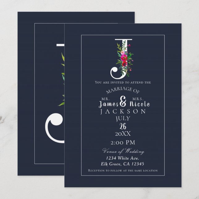 Invitation J Monogramme Dernière Initiale Moderne Bleu Floral (Devant / Derrière)