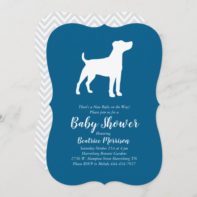 Invitation Jack Russell Terrier Chien Baby shower Blue Boy (Devant / Derrière)