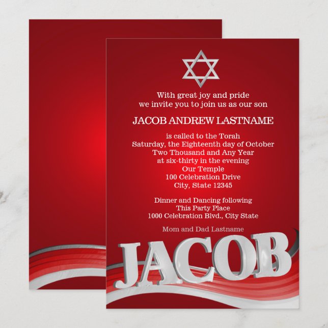 Invitation Jacob Steel Wave Red Bar Mitzvah (Devant / Derrière)