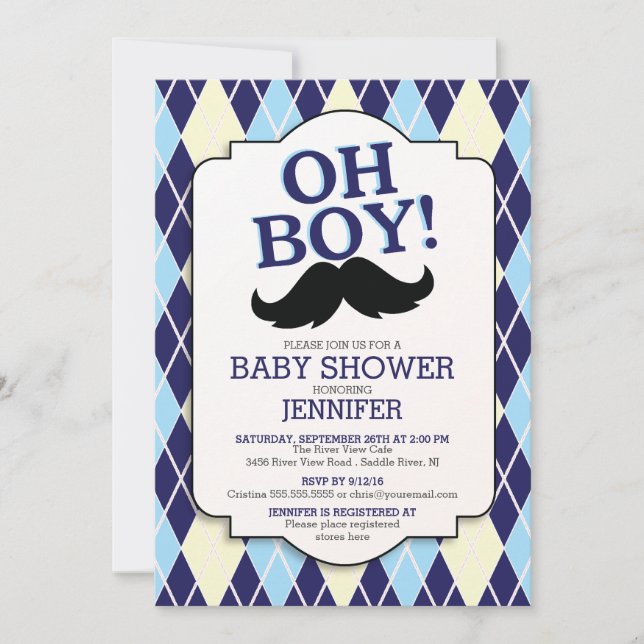 Invitation Jacquard bleu OH GARÇON Baby shower moustache (Devant)