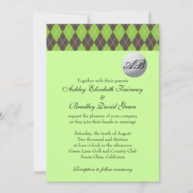 Invitation Jacquard Golfball Golf Vert Monogramme Mariage (Devant)