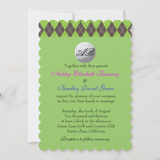 Invitation Jacquard Golfball Golf Vert Monogramme Mariage (Devant)