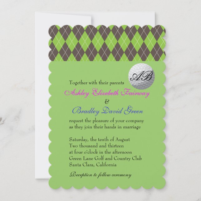 Invitation Jacquard Golfball Golf Vert Monogramme Mariage (Devant)