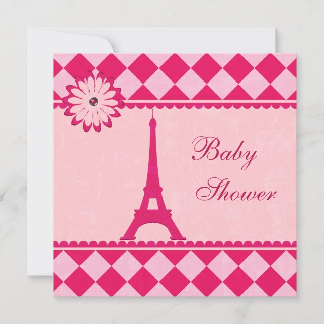 Invitation Jacquard Tour Eiffel Baby shower rose (Devant)