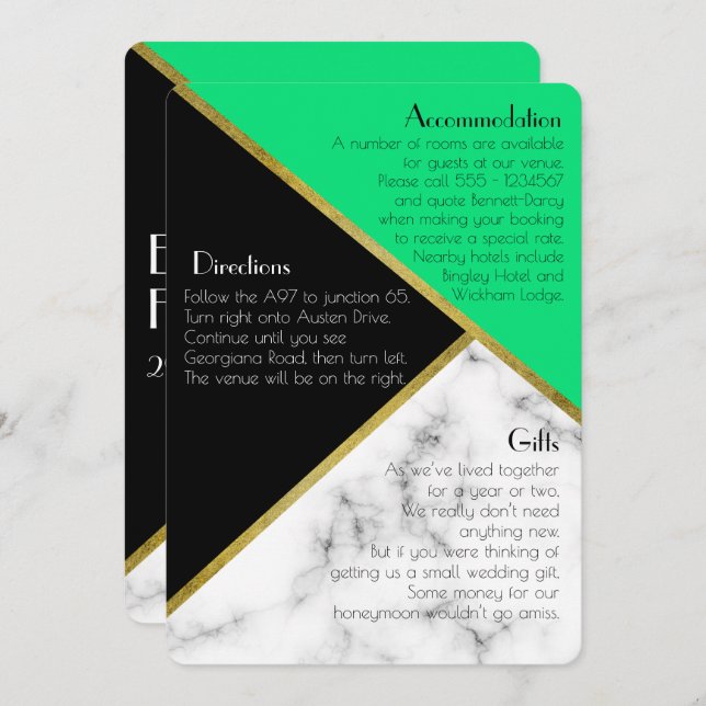 Invitation Jade Green Art Déco Mariage Informations complémen (Devant / Derrière)