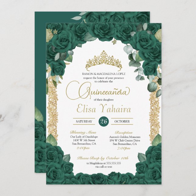 Invitation Jade Green Rose Floral et Gold Quinceanera (Devant / Derrière)