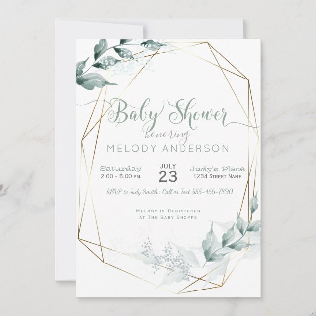 Invitation Jade Green Watercolor Baby shower botanique (Devant)