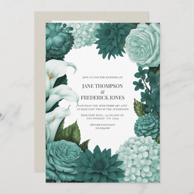 Invitation Jade Haze, Alpine Teal & Snow Mint Floral Wedding (Devant / Derrière)