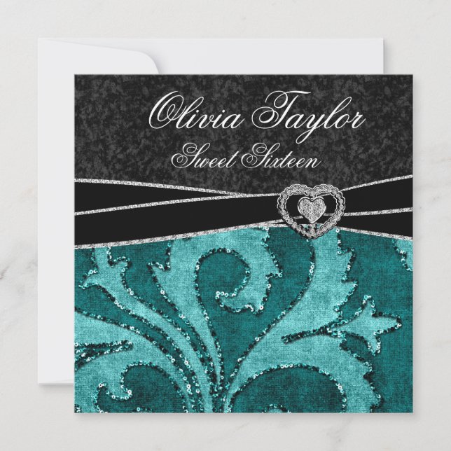 Invitation Jade Noir Paillettes Vertes Anniversaire Sweet Six (Devant)