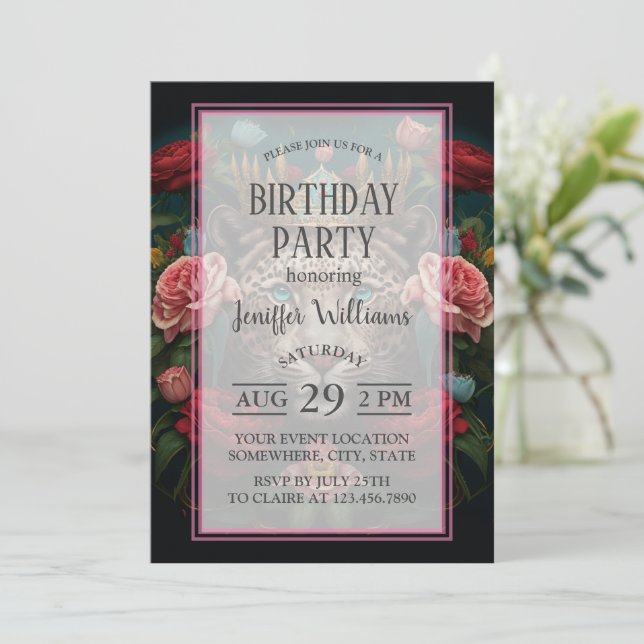 Invitation Jaguar avec Couronne en peinture de fleurs (Debout devant)