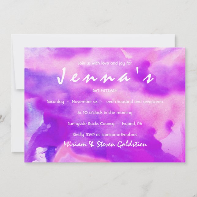 Invitation J'AI L'Invitation D'UN Bat mitzvah D'EAU VIOLET (Devant)